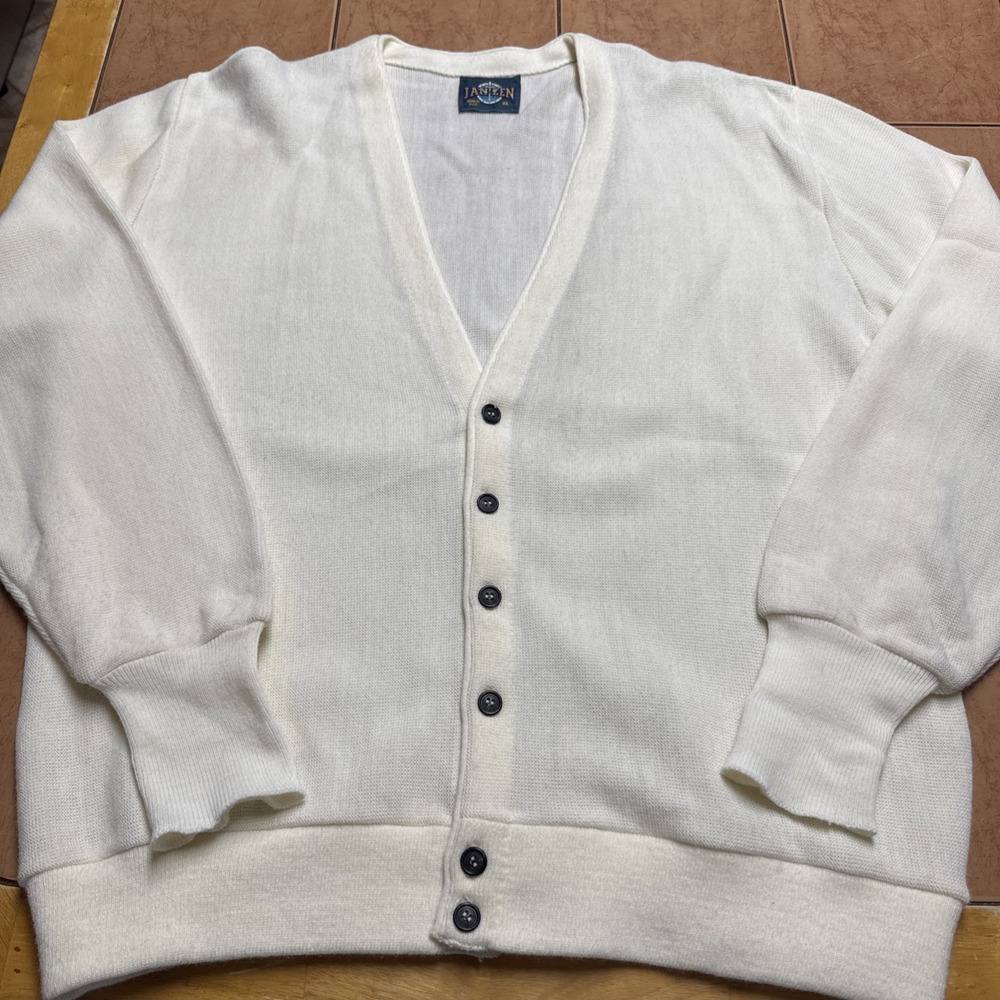 Vintage Jantzen Ivory White Hipster Button Up USA Made Cardigan Sweater‎